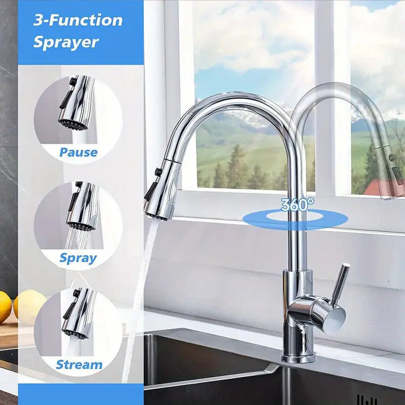 G9/ 16 Silver Kitchen Sink Commercial Faucet Pull-out Sprayer Mixer Faucet Brushed Nickel Suitable for Kitchen, Bar, Laundry Room, RV