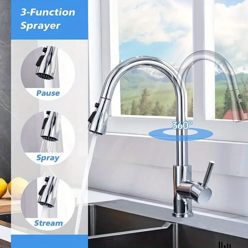 G9/ 16 Silver Kitchen Sink Commercial Faucet Pull-out Sprayer Mixer Faucet Brushed Nickel Suitable for Kitchen, Bar, Laundry Room, RV