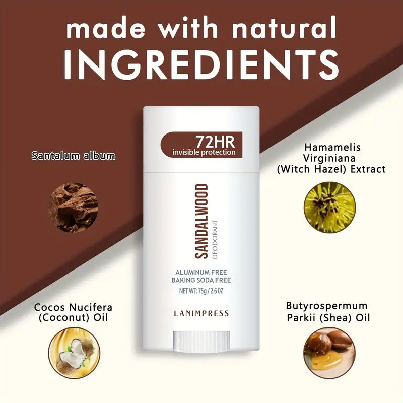 Lanimpress Sandalwood Deodorant Stick 75g - 72HR Invisible Protection, Unisex-Adult, Aluminum & Baking Soda Free